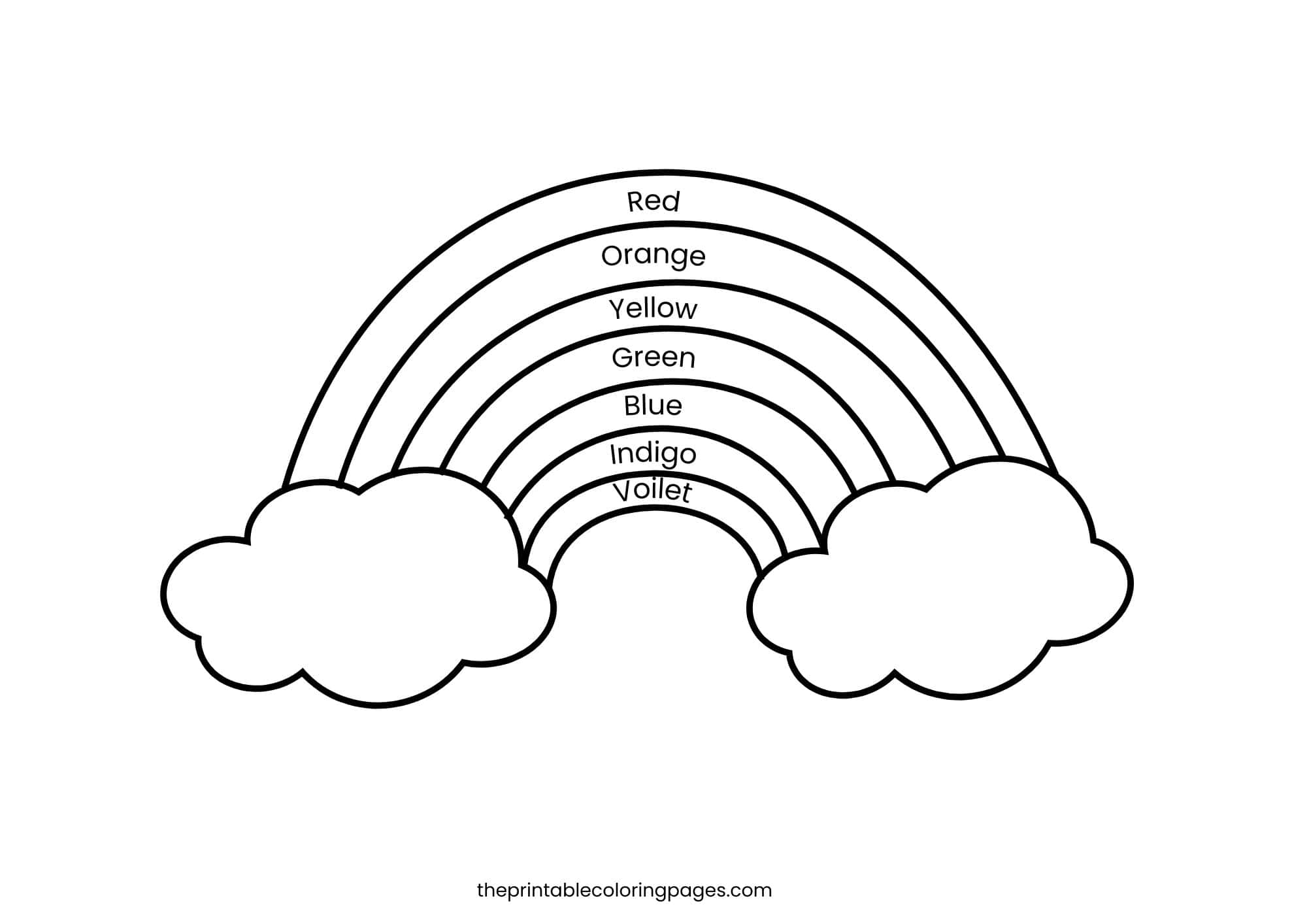 Educational rainbow coloring page labeled with Red, Orange, Yellow, Green, Blue, Indigo, and Violet.