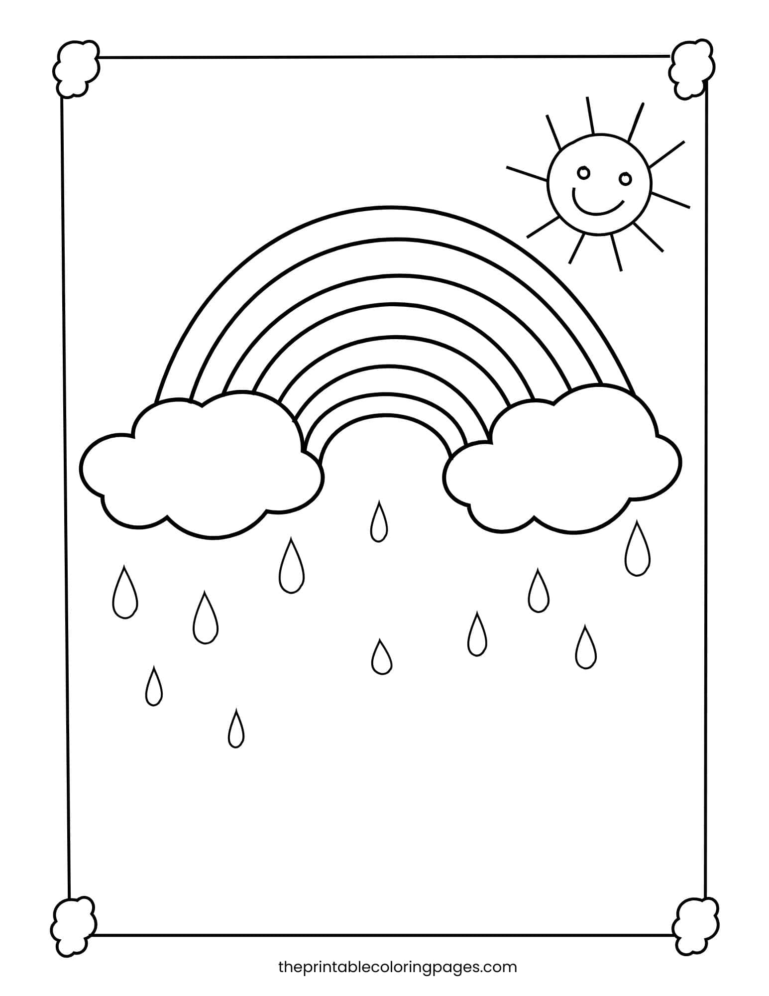 Rainy day coloring sheet with a rainbow, smiling sun, and raindrops.