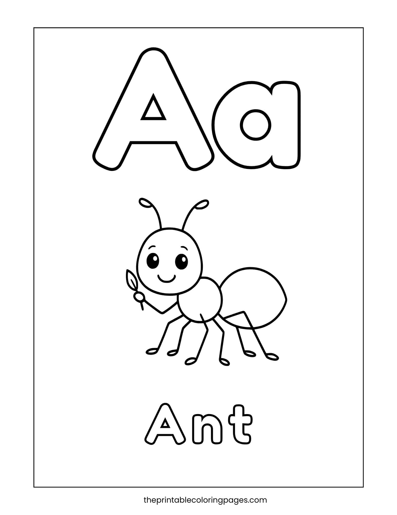 Letter A coloring page showing uppercase and lowercase A with a cute ant illustration and the word "Ant" for phonics practice.