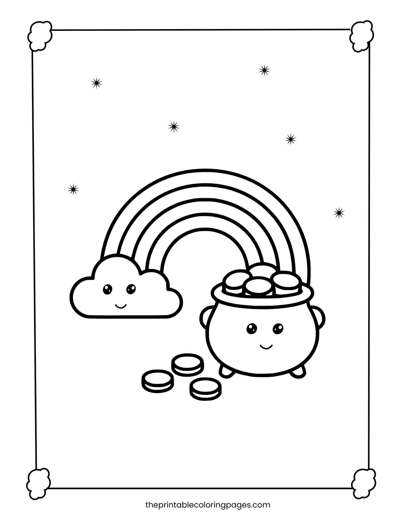 St. Patrick's Day rainbow coloring page leading to a pot of gold.