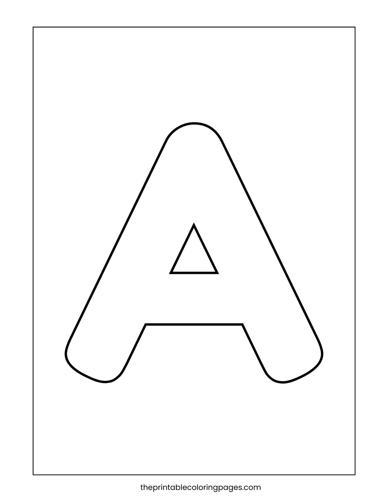 Simple uppercase letter A coloring page with bold outlines, perfect for preschool tracing and coloring activities.