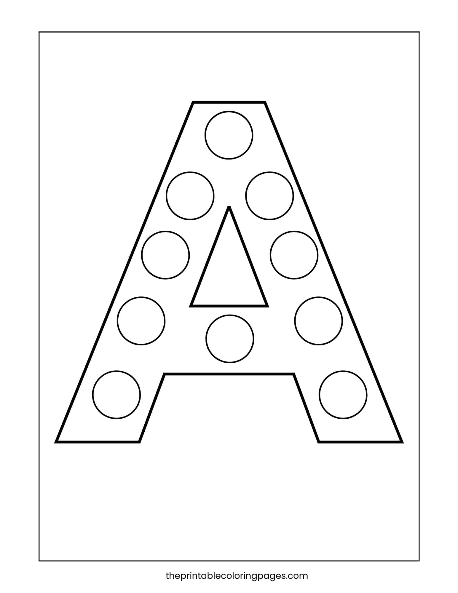 Uppercase letter A dot marker coloring page with large circles for kids to fill in, ideal for developing fine motor skills.