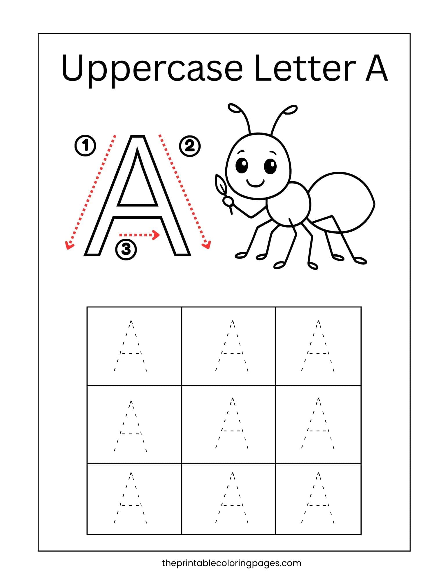 Uppercase letter A tracing worksheet with numbered stroke arrows, ant illustration, and repetition grid for handwriting practice.