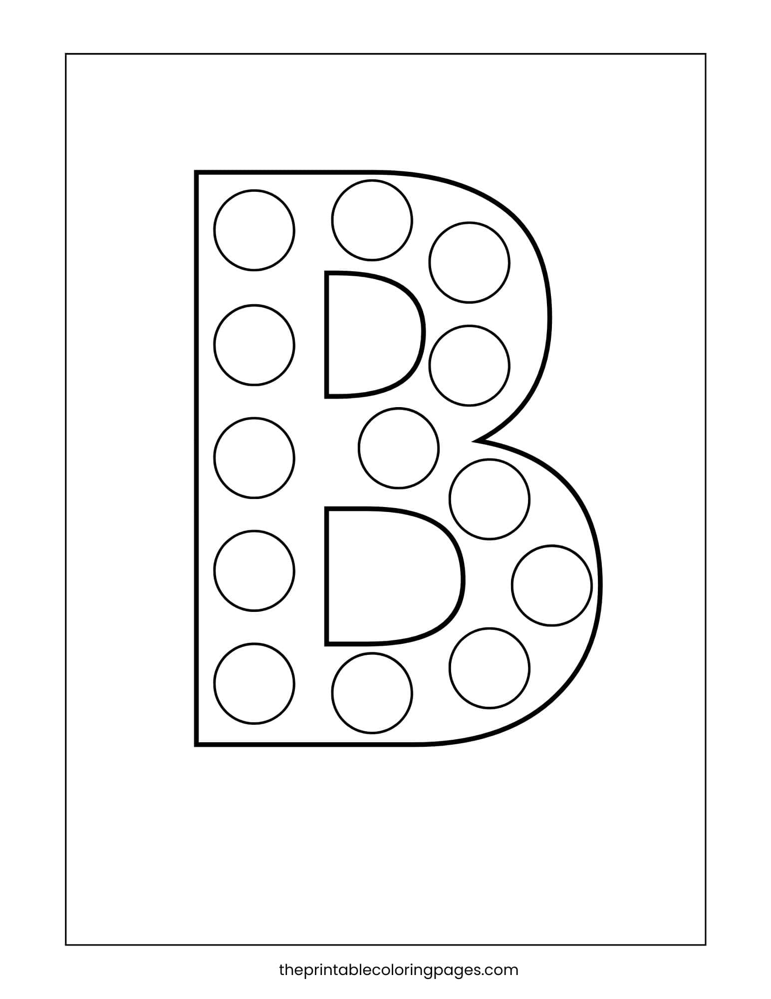 Uppercase letter B dot marker coloring page with large circles for fine motor skill development.