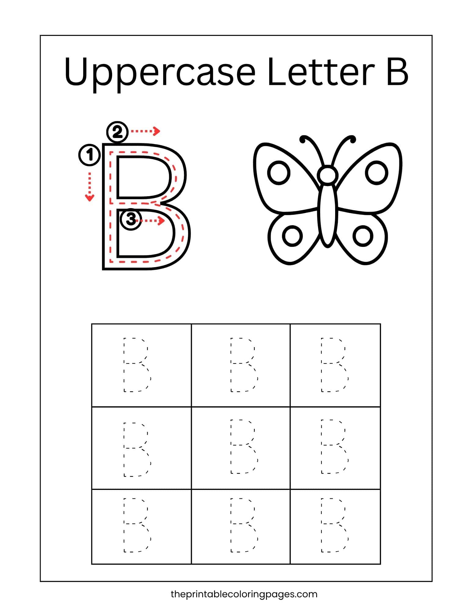 Uppercase letter B tracing worksheet with numbered stroke arrows, butterfly image, and repetition grid.