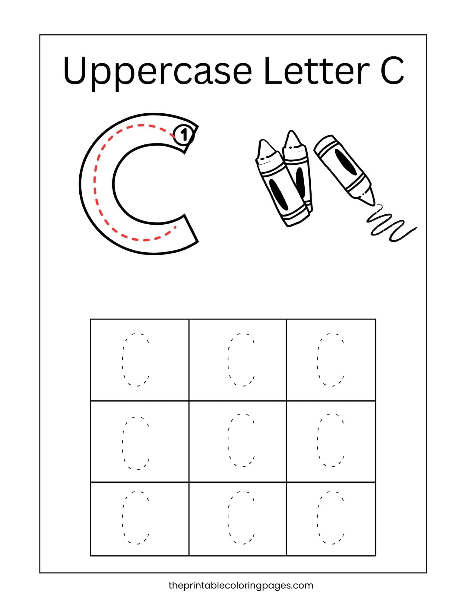 Guided uppercase letter C handwriting sheet with stroke arrows and tracing lines.