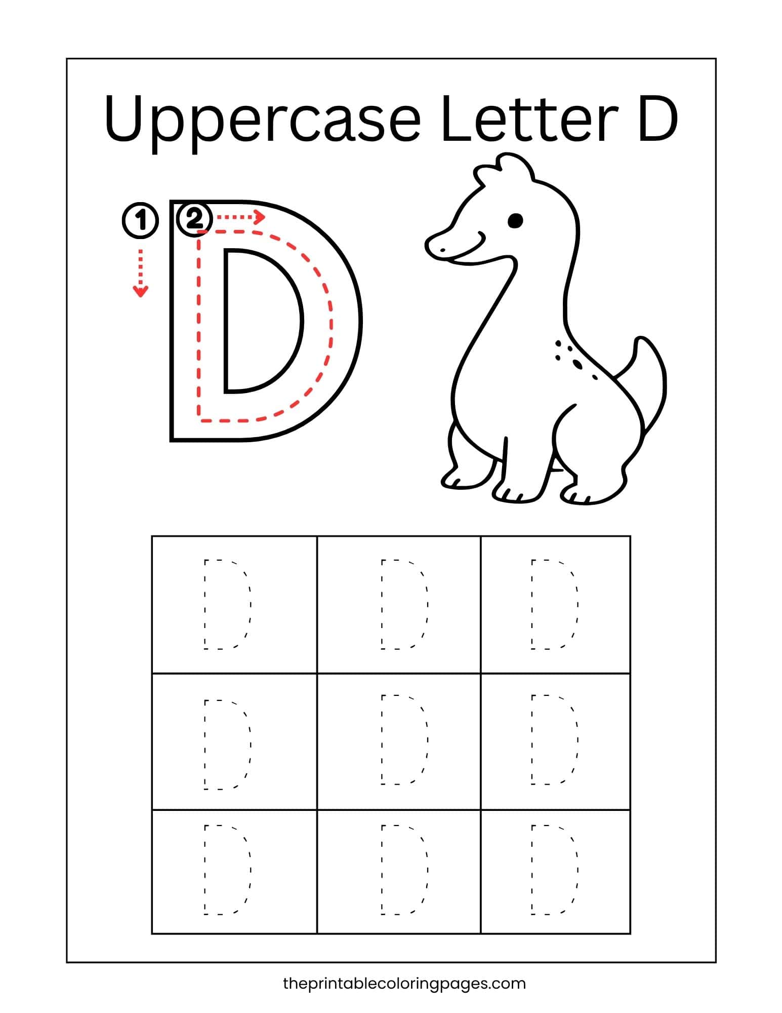 Guided uppercase letter D handwriting sheet with stroke arrows and tracing lines.