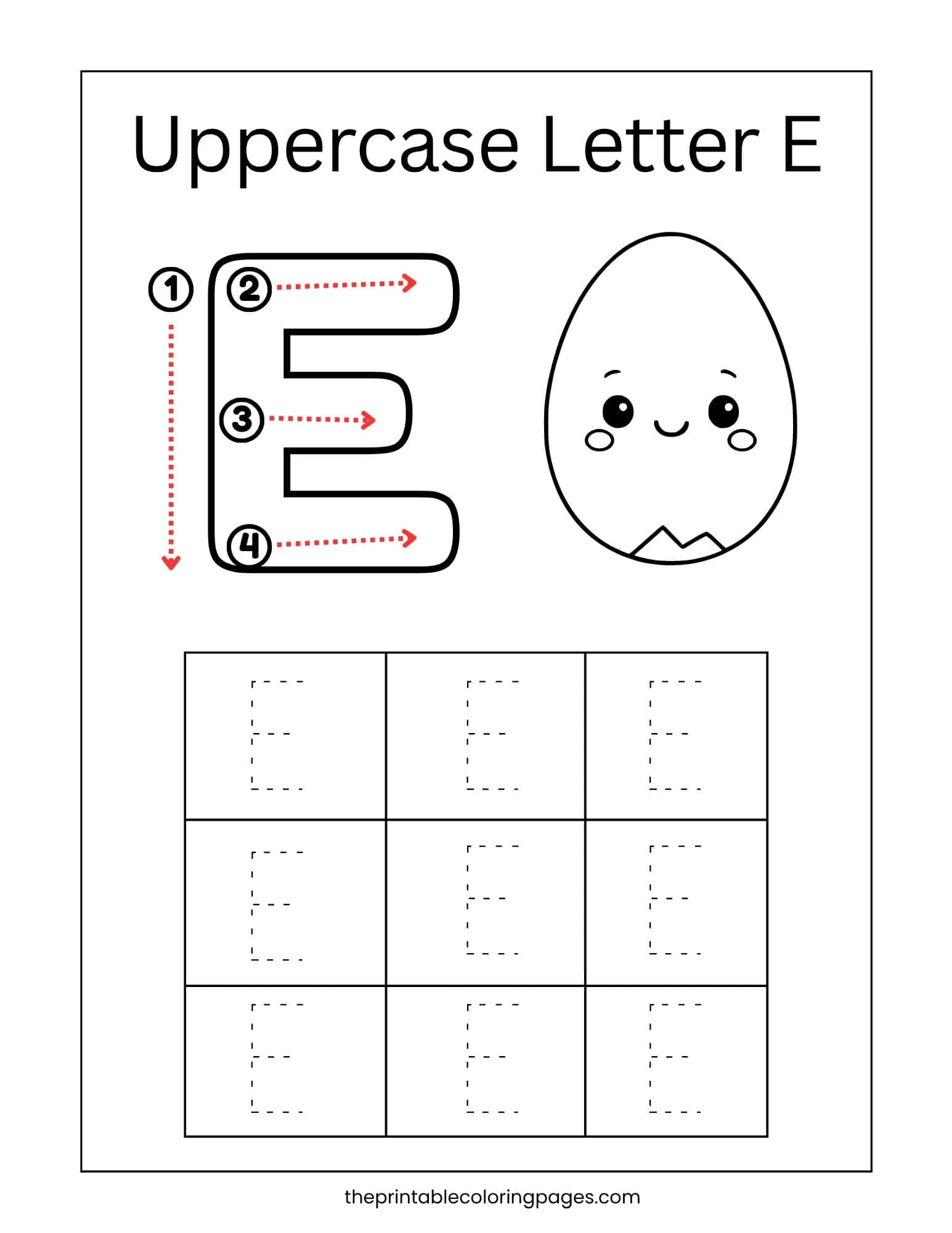 Uppercase letter E tracing worksheet with directional arrows and cute egg character.