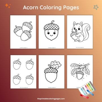 Acorn coloring pages collage featuring six black-and-white designs, including a cluster of acorns, a cute acorn with a face, a squirrel holding an acorn, multiple acorn outlines, an acorn with a leaf, and an acorn hanging from an oak branch, arranged on a brown and orange gradient background.