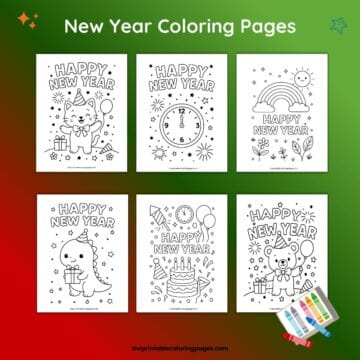 New Year coloring pages collage featuring six black-and-white designs, including a party cat, New Year clock, rainbow scene, cute dinosaur with a gift, celebration cake with balloons, and a festive bear, arranged on a green and red gradient background.