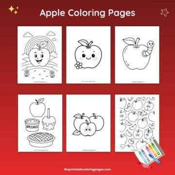 Apple coloring pages collage featuring six black-and-white designs, including a smiling apple with a rainbow, a cute apple with a flower, an apple with a worm, an apple foods page with applesauce, caramel apple, and pie, a group of apples, and an apple pattern sheet, arranged on a red gradient background.