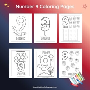 Number 9 coloring pages collage featuring six black-and-white printable worksheets with the number nine, including counting activities with balloons, strawberries, flowers, tracing practice, and cute themed illustrations, displayed on a colorful gradient background.