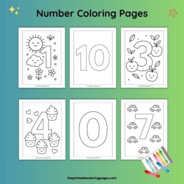 Number coloring pages collage featuring six black-and-white worksheets with numbers 1, 10, 3, 4, 0, and 7, illustrated with cute elements like a sun and clouds, apples, cupcakes, and cars, arranged on a green gradient background.