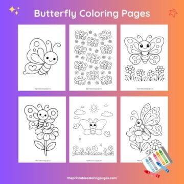 A collage featuring six cute butterfly coloring pages for kids, including butterflies with flowers, garden scenes, and simple repeating butterfly patterns, displayed on a colorful gradient background.