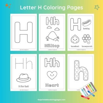 Letter H coloring pages preview showing uppercase and lowercase H worksheets, tracing pages, dot marker letters, and H word pictures like hilltop, hat, heart, hotdog, hazelnut, and honeycomb with thick outlines and clean white backgrounds.