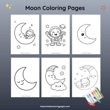 Moon coloring pages preview showing cute crescent moon designs, a sleeping moon with baby, a smiling moon, an astronaut on the moon, and bedtime moon scenes with stars, clouds, and animals, all with thick outlines and clean white backgrounds.