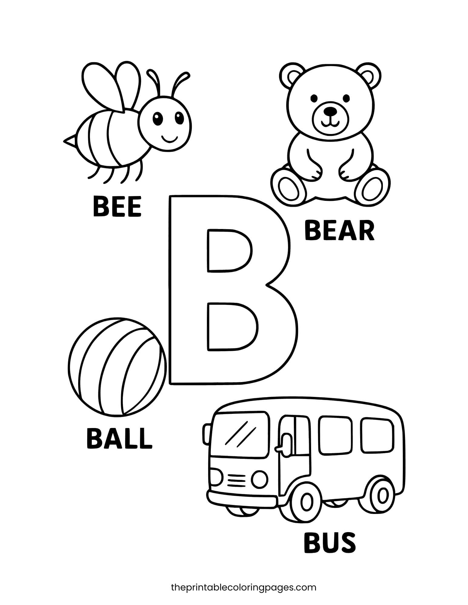 Letter B with bee, bear, ball, and bus. Simple preschool-friendly design.