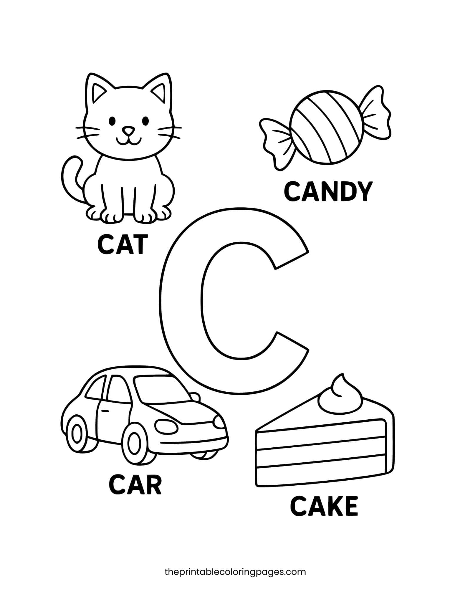 Letter C with cat, candy, car, and cake. Thick outlines for easy coloring.