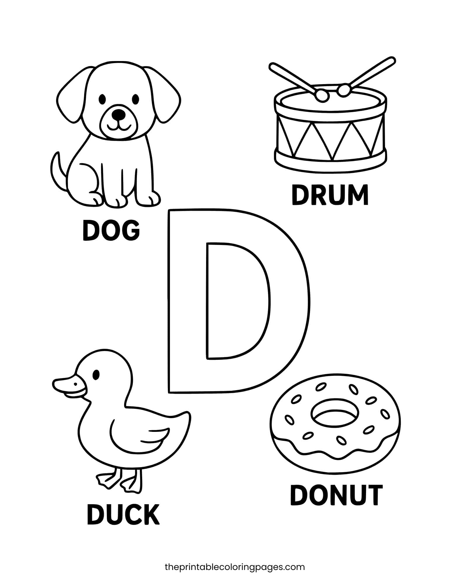 Letter D with dog, drum, duck, and donut. Clean white background.