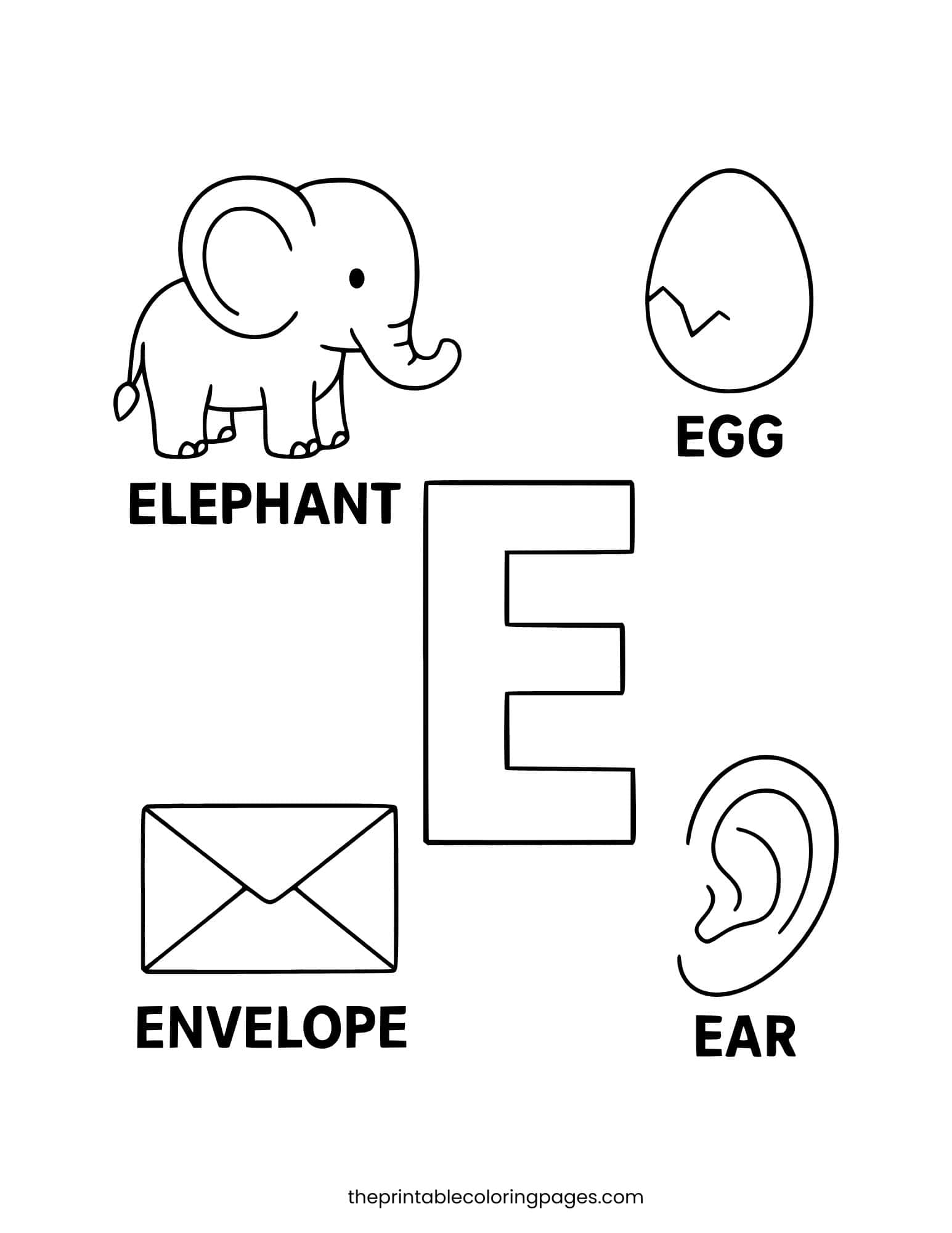 Letter E with elephant, egg, envelope, and ear. Simple shapes for toddlers.