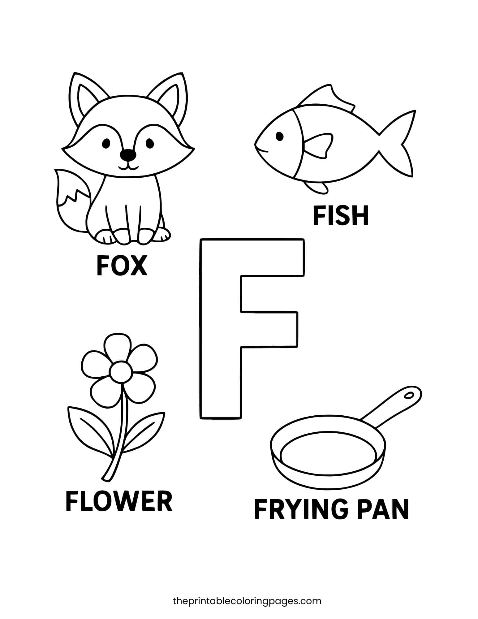 Letter F with fox, fish, flower, and frying pan. Preschool-friendly outlines.