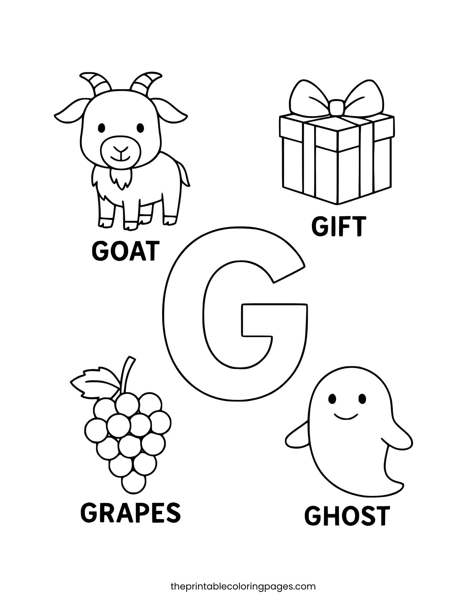 Letter G with goat, gift, grapes, and ghost. Large spaces for coloring.