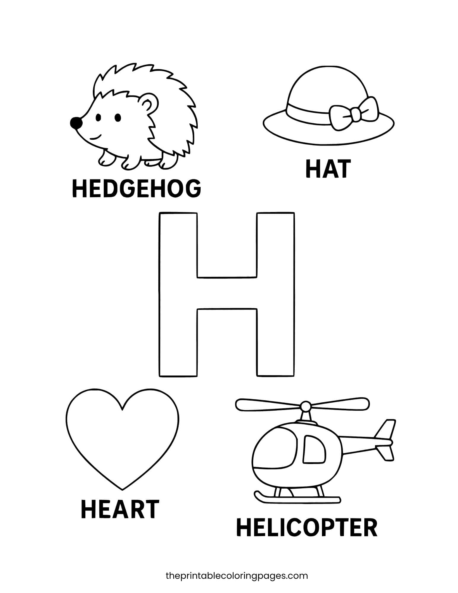 Letter H with hedgehog, hat, heart, and helicopter. Thick outlines.