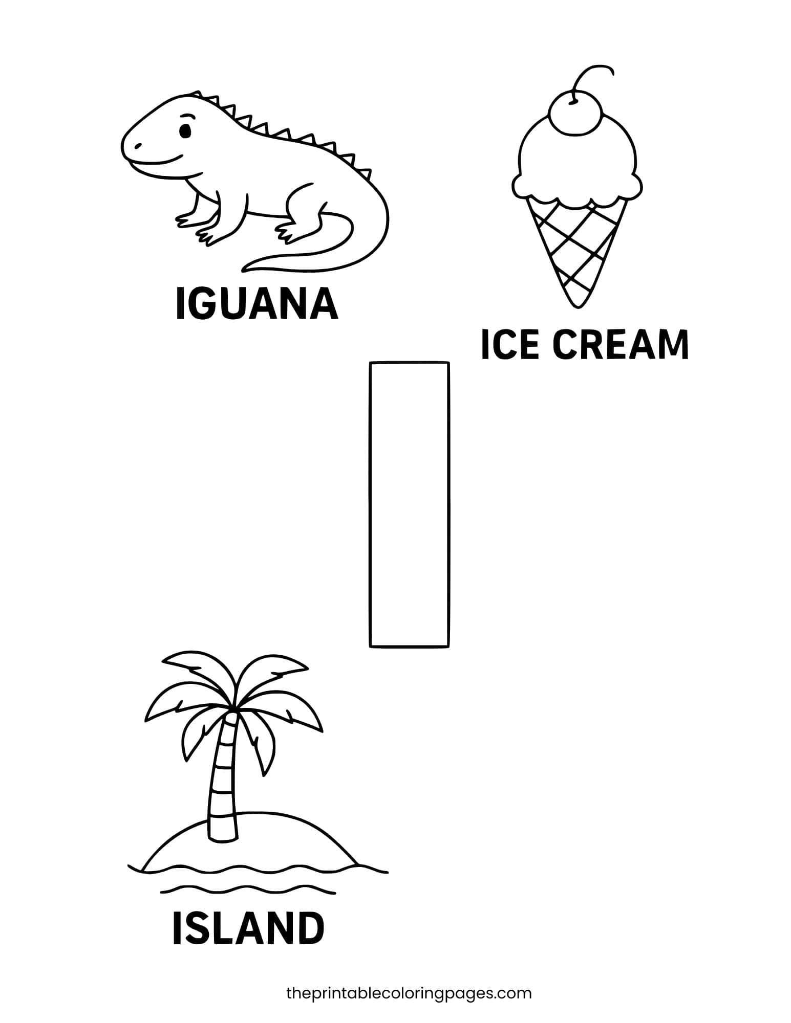 Letter I with iguana, ice cream, and island. Clean and simple design.