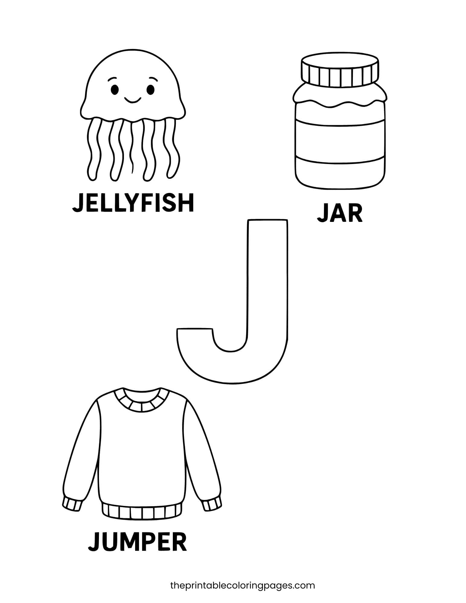 Letter J with jellyfish, jar, and jumper. Easy for preschool kids to color.