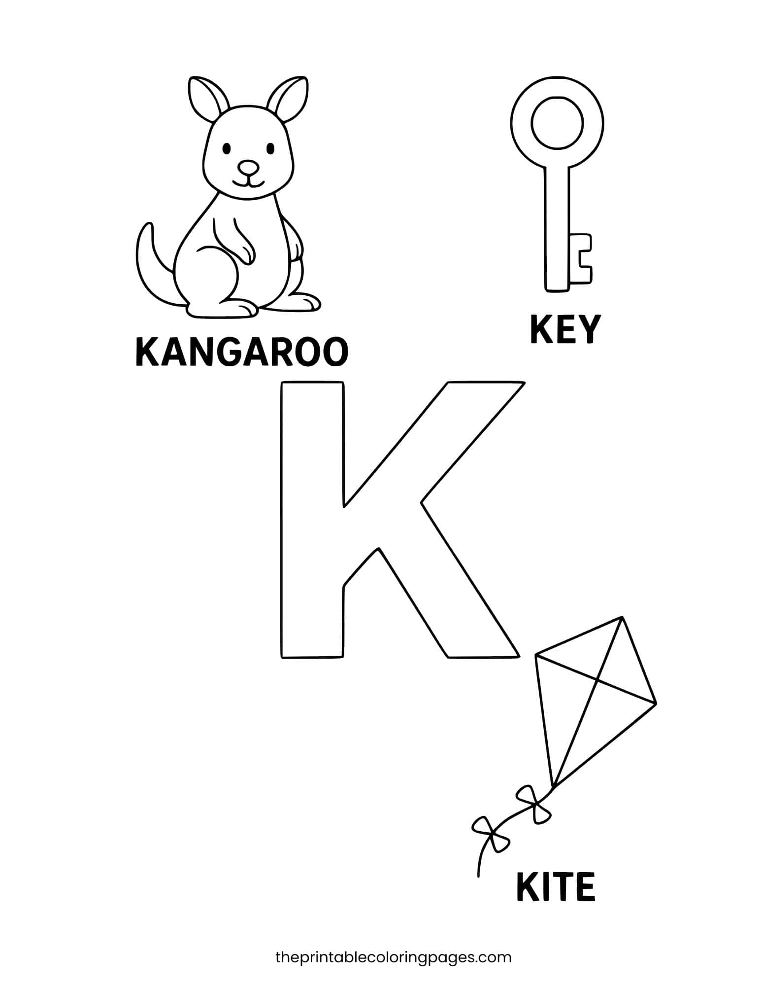 Letter K with kite, kangaroo, and key. Thick outlines and simple shapes.