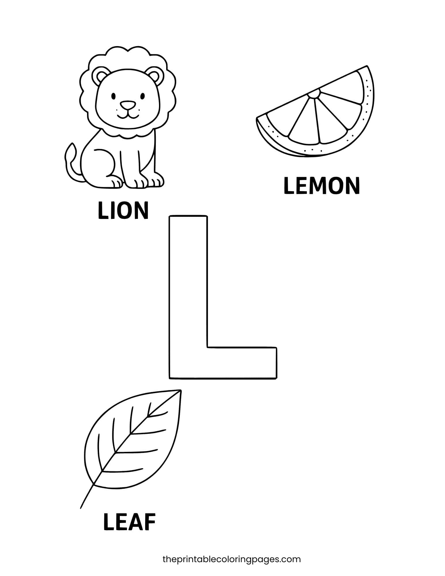 Letter L with lion, leaf, and lemon. Preschool-friendly design on white background.
