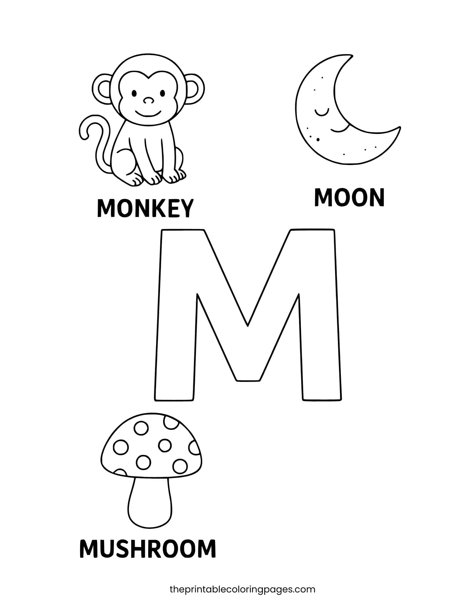 Letter M with monkey, moon, and mushroom. Clean white background and bold lines.
