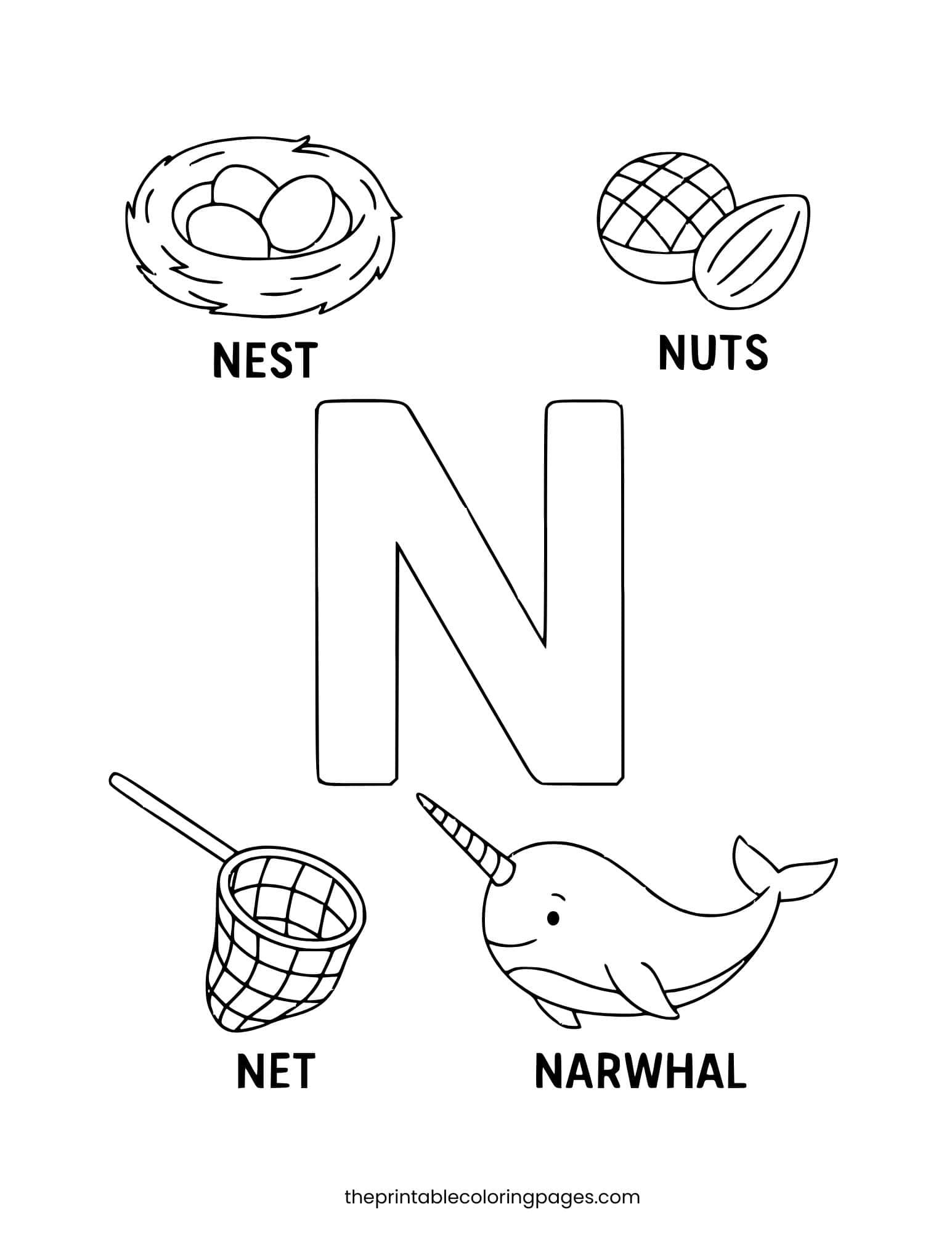 Letter N with net, nuts, narwhal, and nest. Simple shapes for early learners.