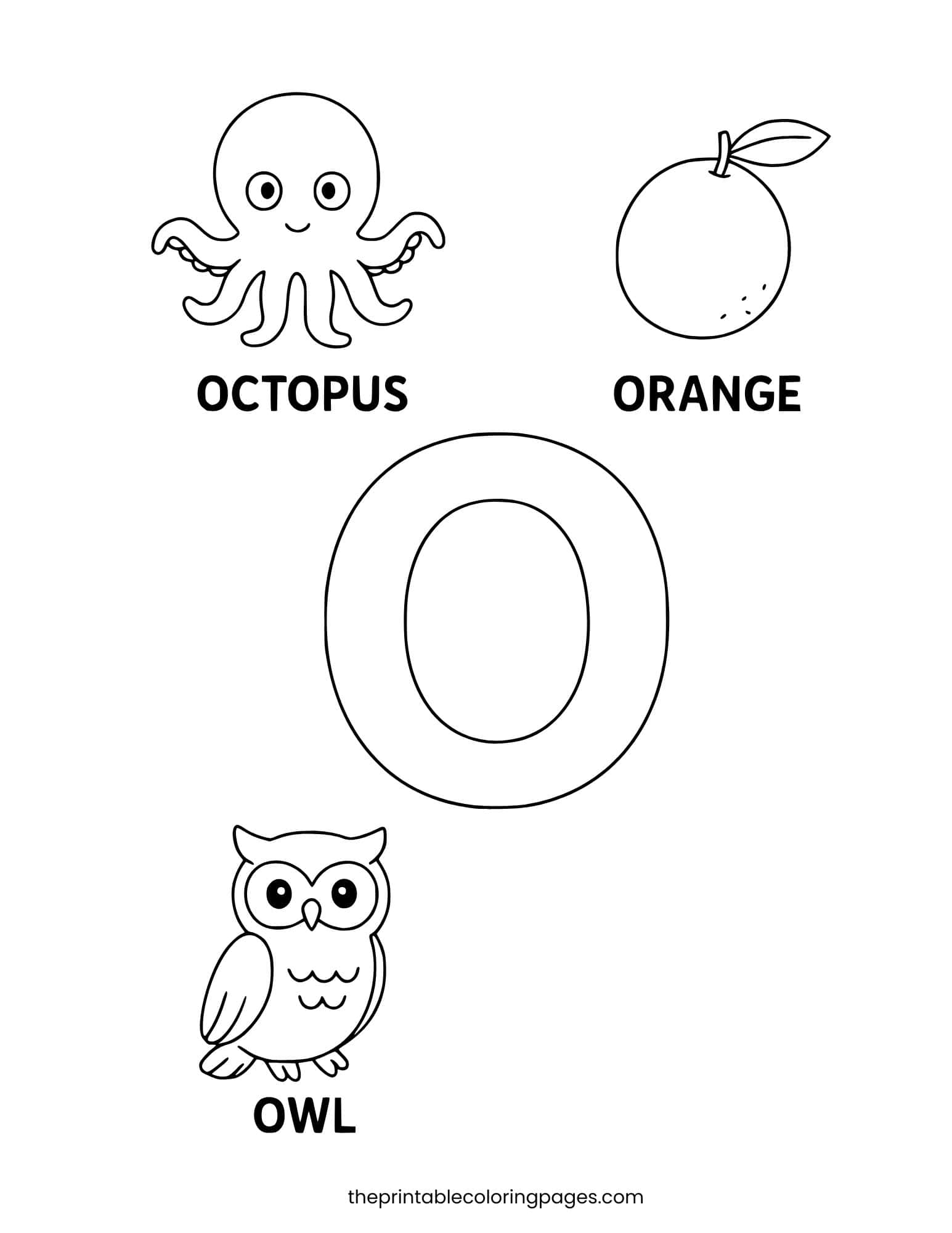 Letter O with octopus, owl, and orange. Thick outlines for easy coloring.