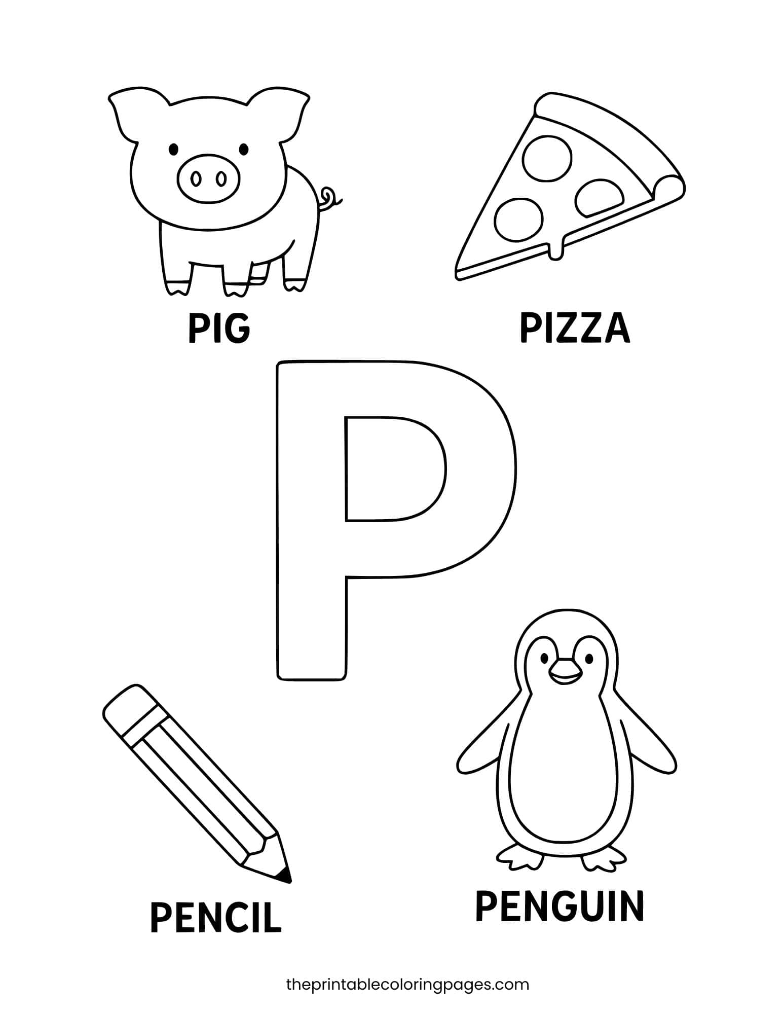 Letter P with penguin, pig, pizza, and pencil. Simple preschool-friendly design.
