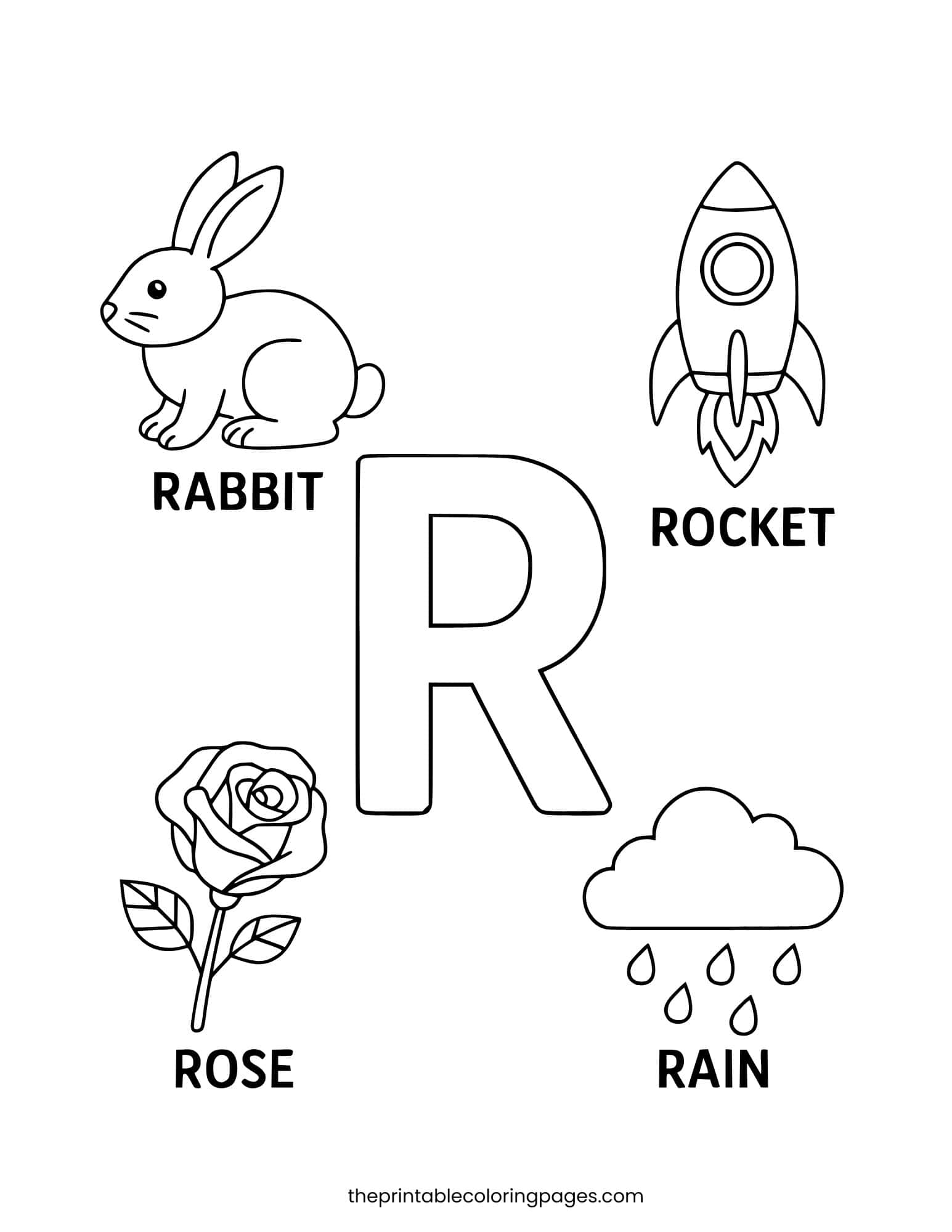 Letter R with rabbit, rain, rose, and rocket. Clean white background.