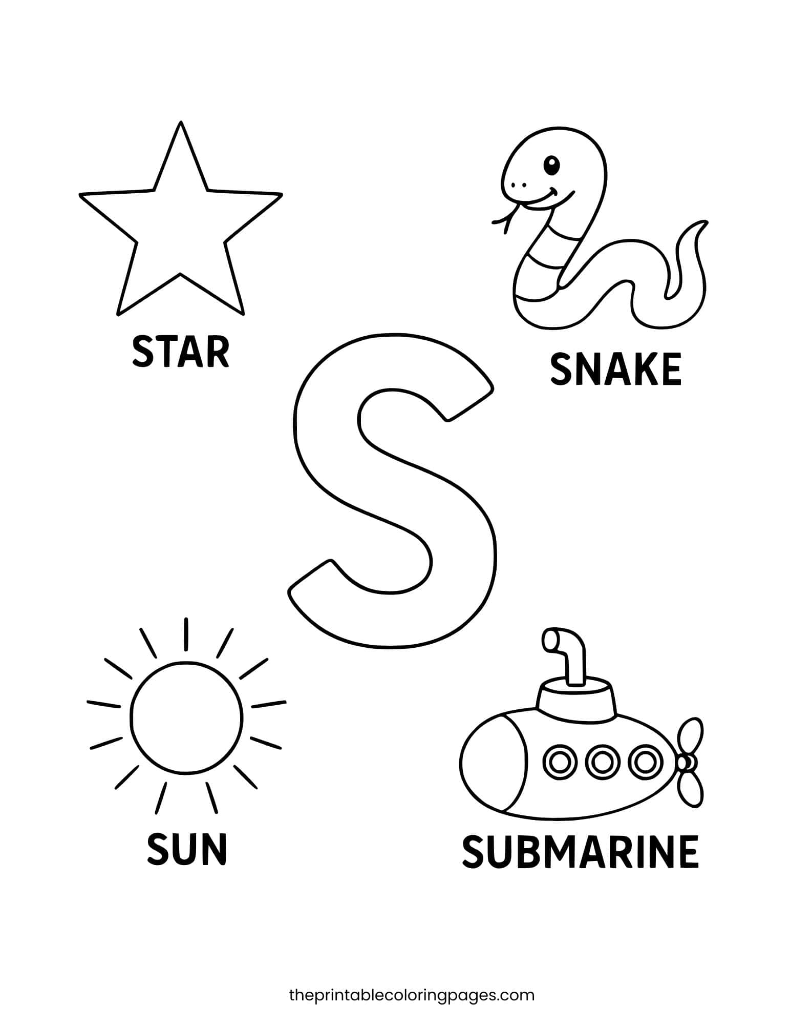 Letter S with sun, snake, submarine, and star. Large spaces for easy coloring.