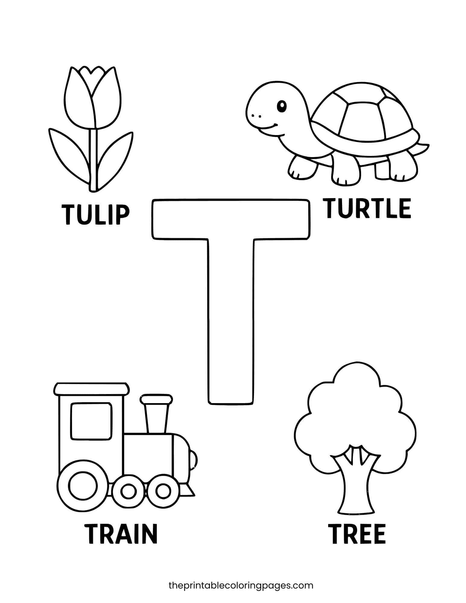 Letter T with tulip, turtle, tree, and train. Thick outlines and simple shapes.