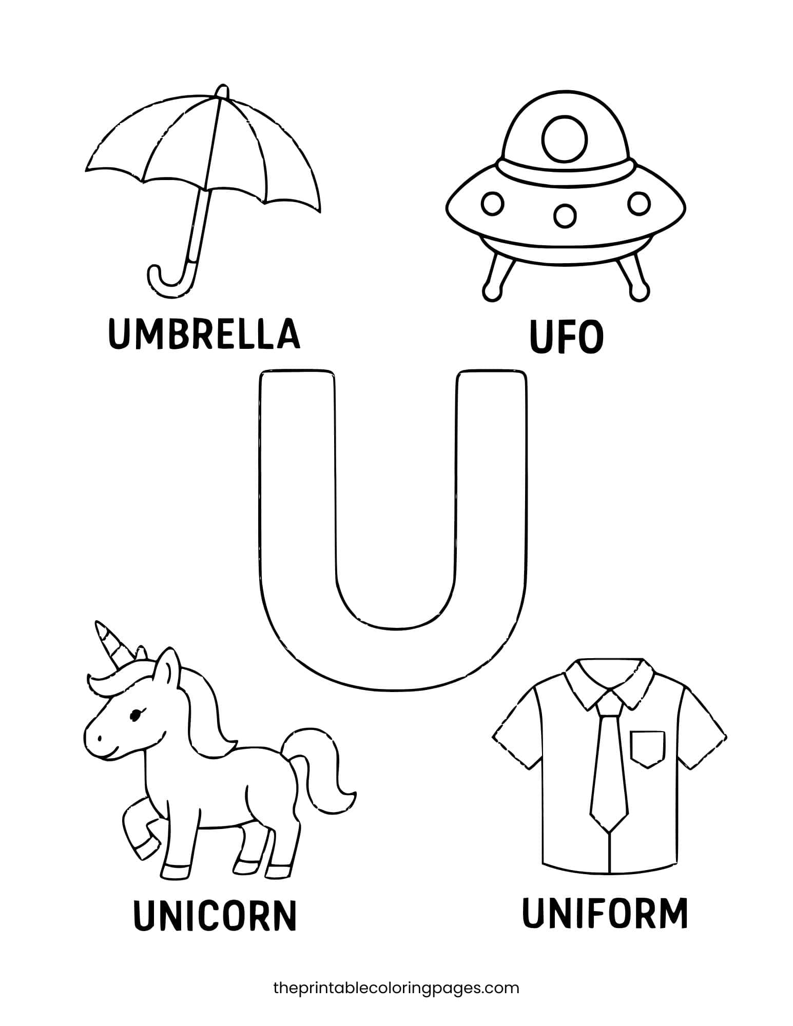 Letter U with umbrella, unicorn, ufo, and uniform. Simple preschool design.
