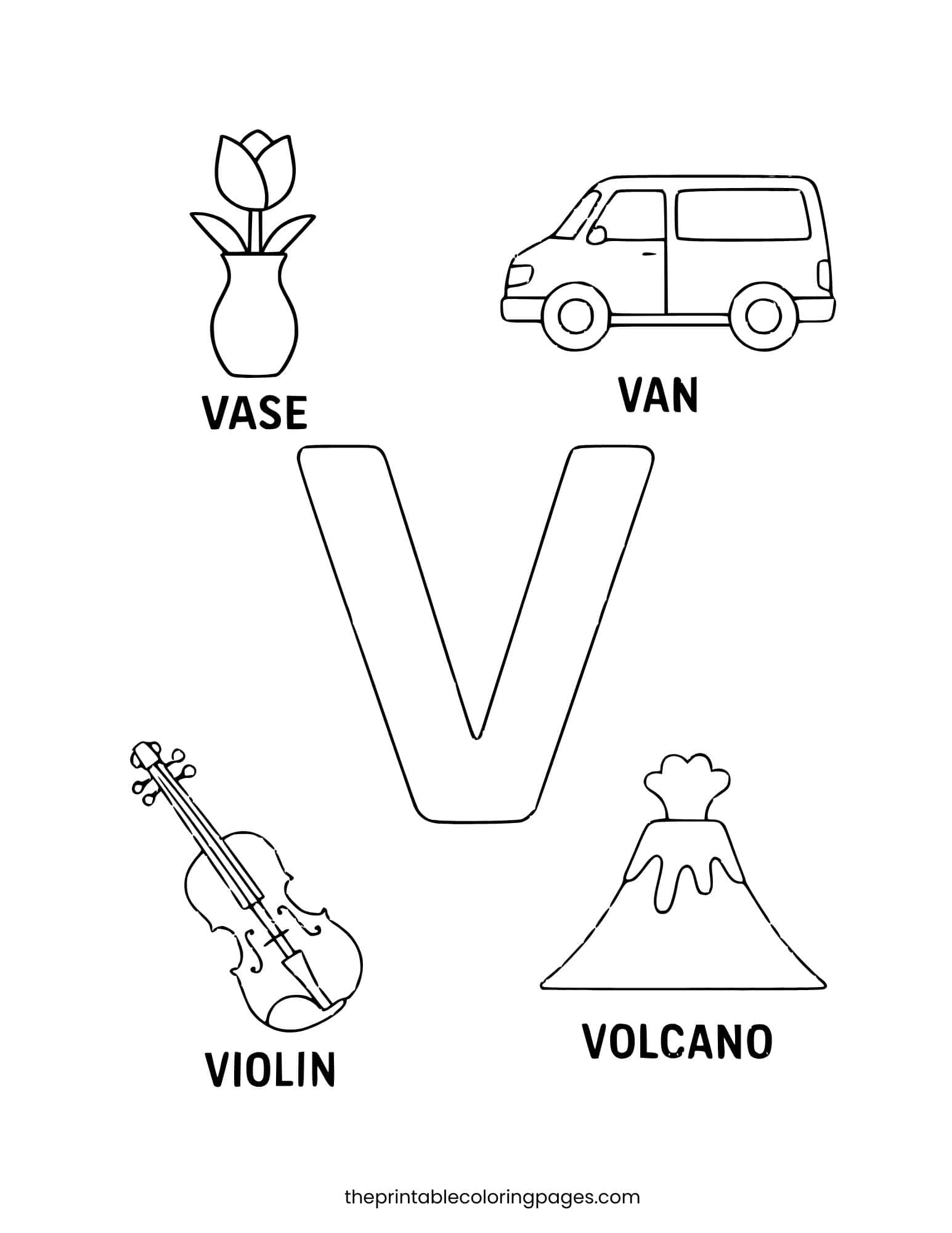 Letter V with violin, vase, volcano, and van. Bold lines on a white background.