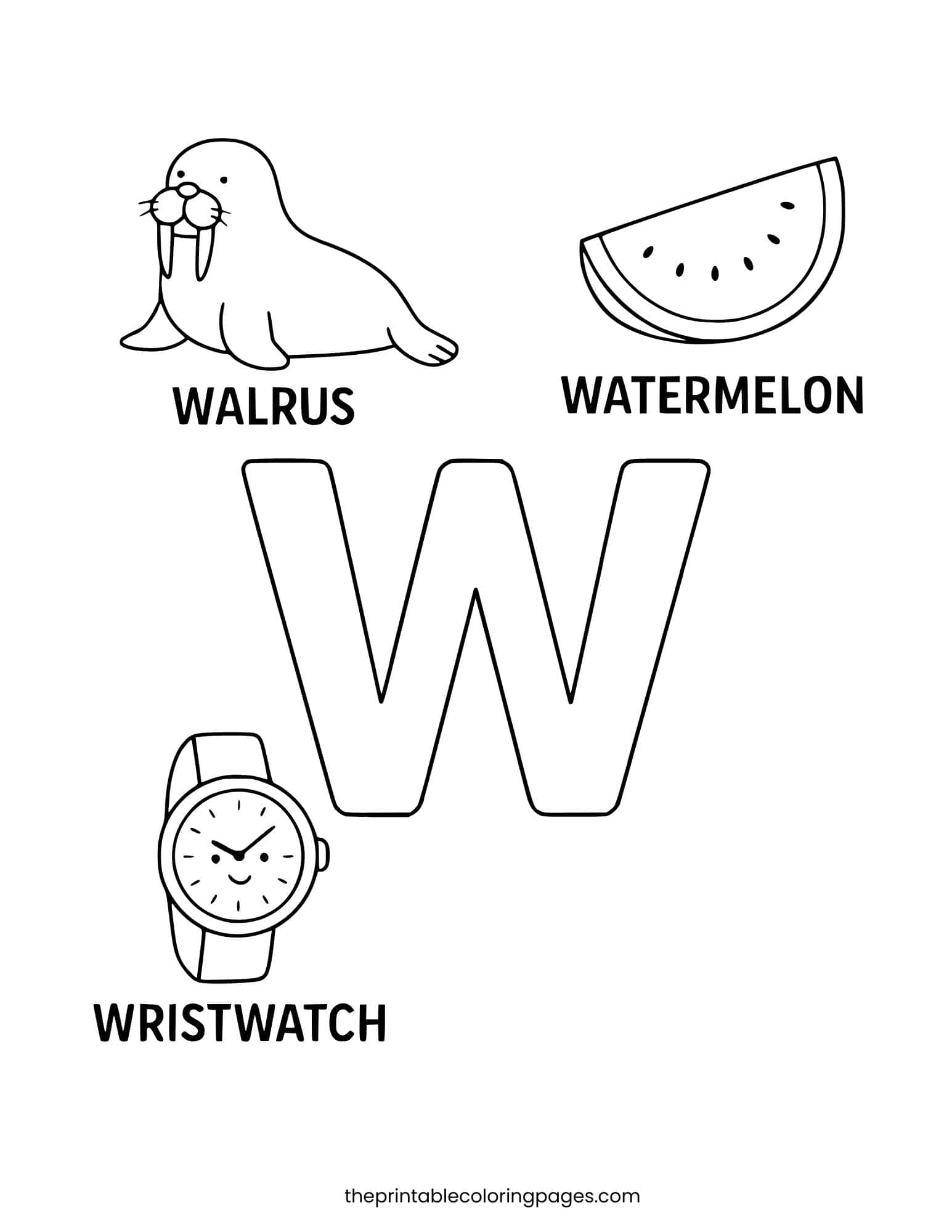 Letter W with walrus, watch, and watermelon. Thick outlines for toddlers.