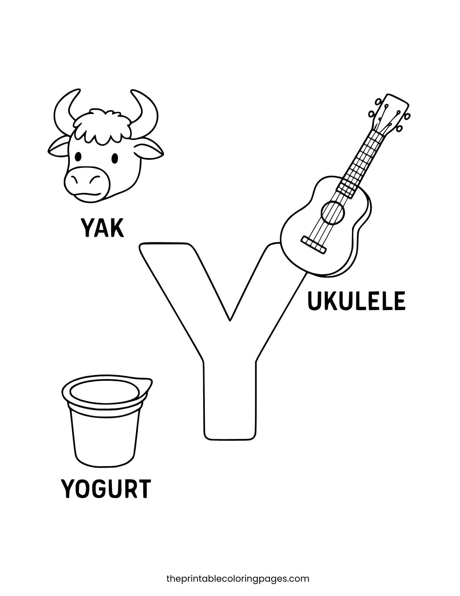 Letter Y with yogurt, yak, and yacht. Simple shapes for early learners.