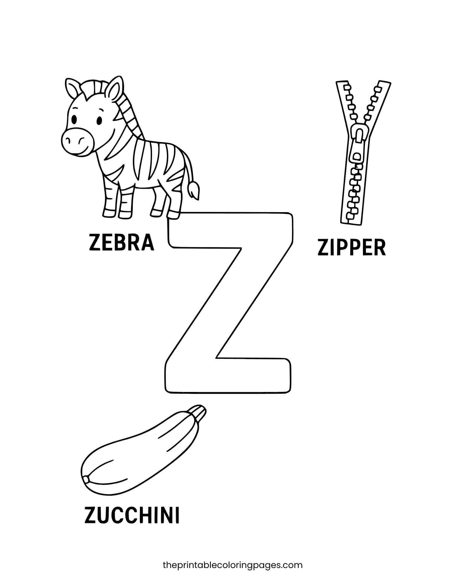 Letter Z with zebra, zipper, and zucchini. Thick outlines for easy coloring.