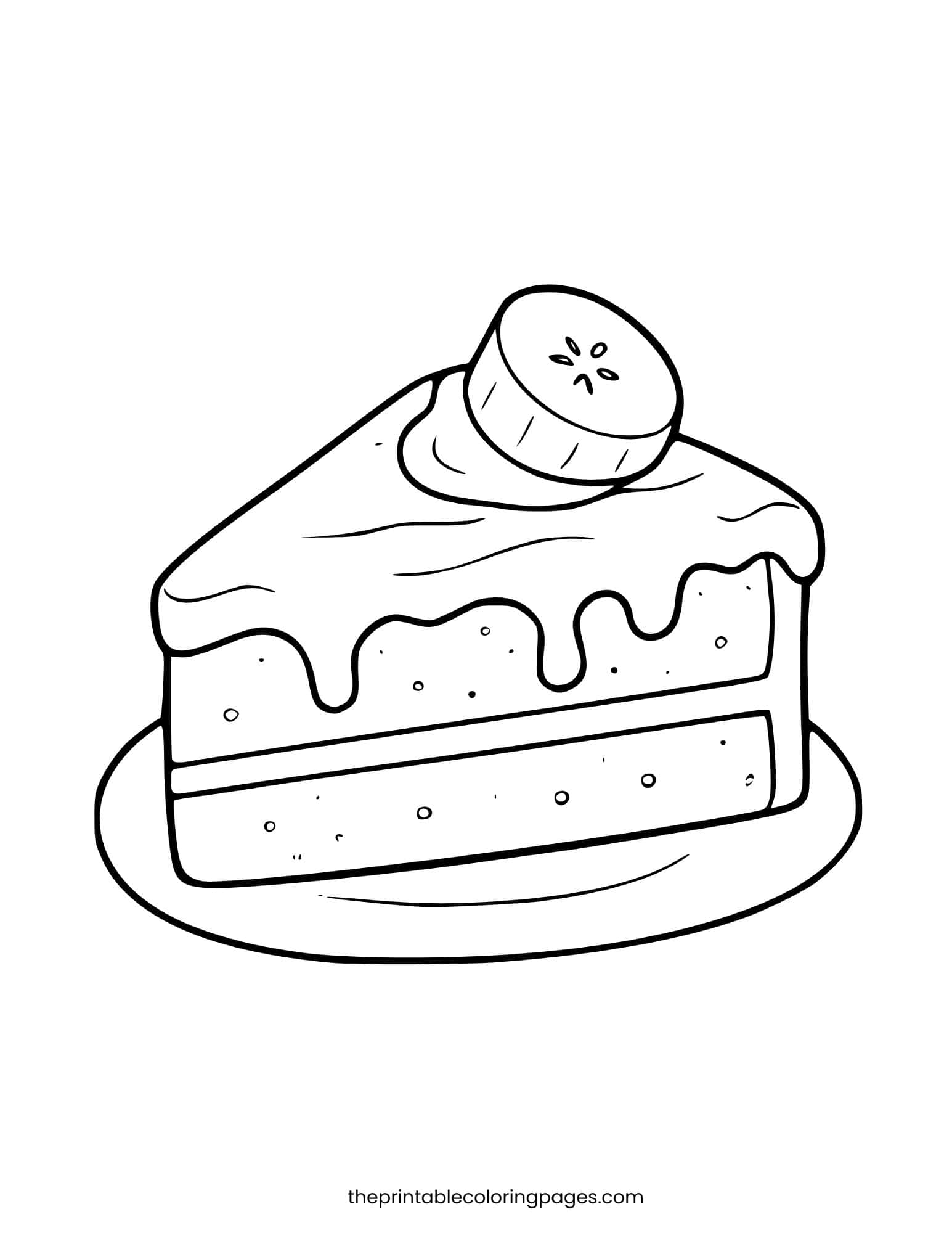 A slice of cake topped with a banana slice and frosting. Simple, thick outlines.