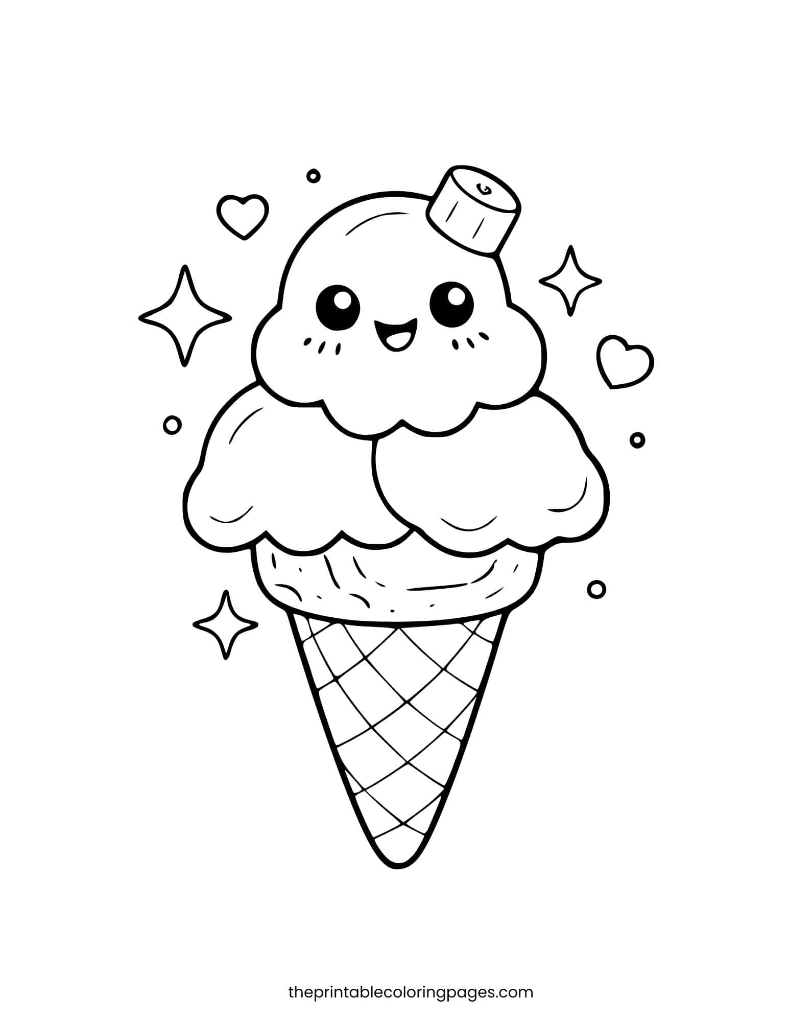 A cute ice cream cone with a banana slice on top and a happy face. Thick outlines.