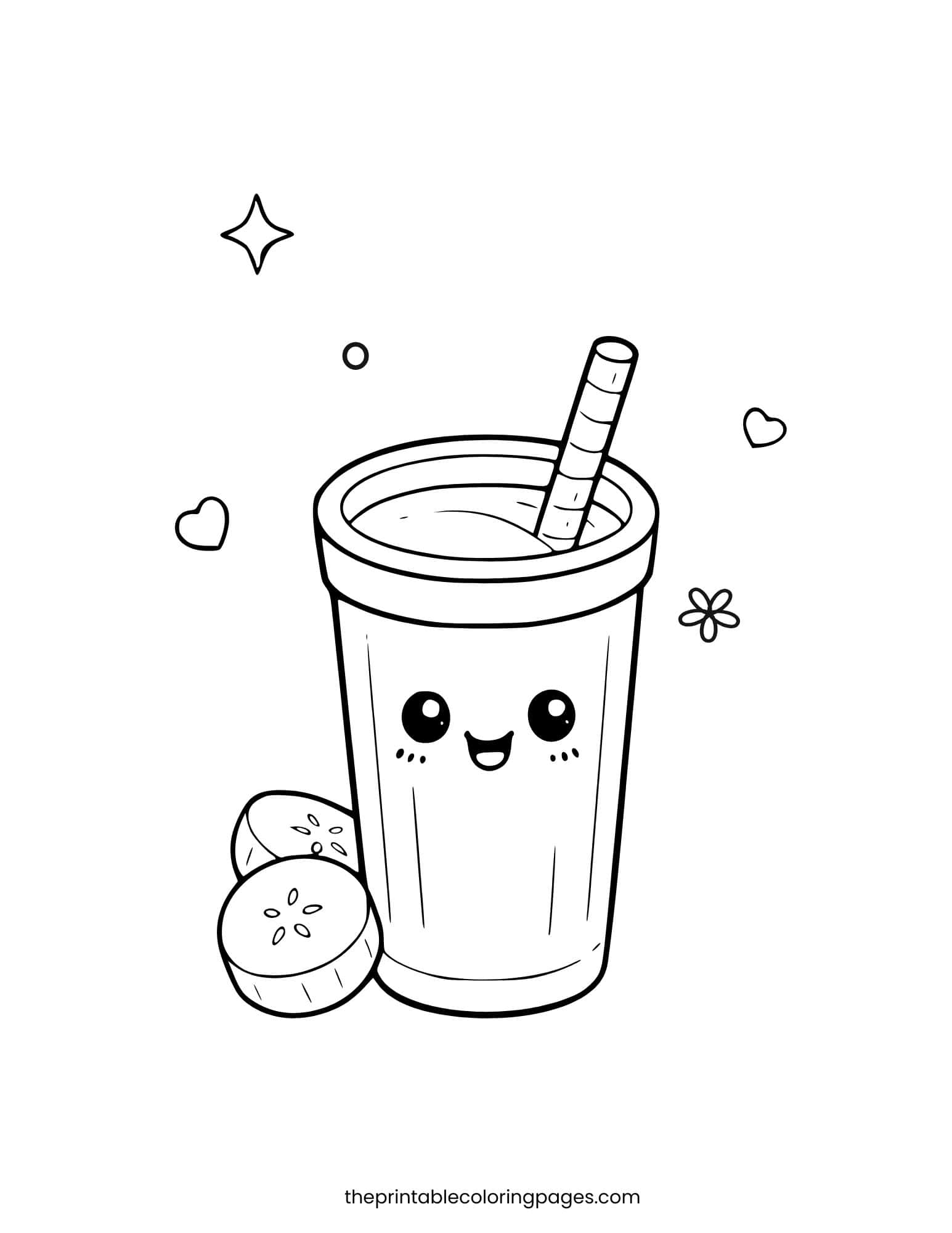 Simple banana smoothie cup with a straw and banana slices featuring thick lines for preschoolers.