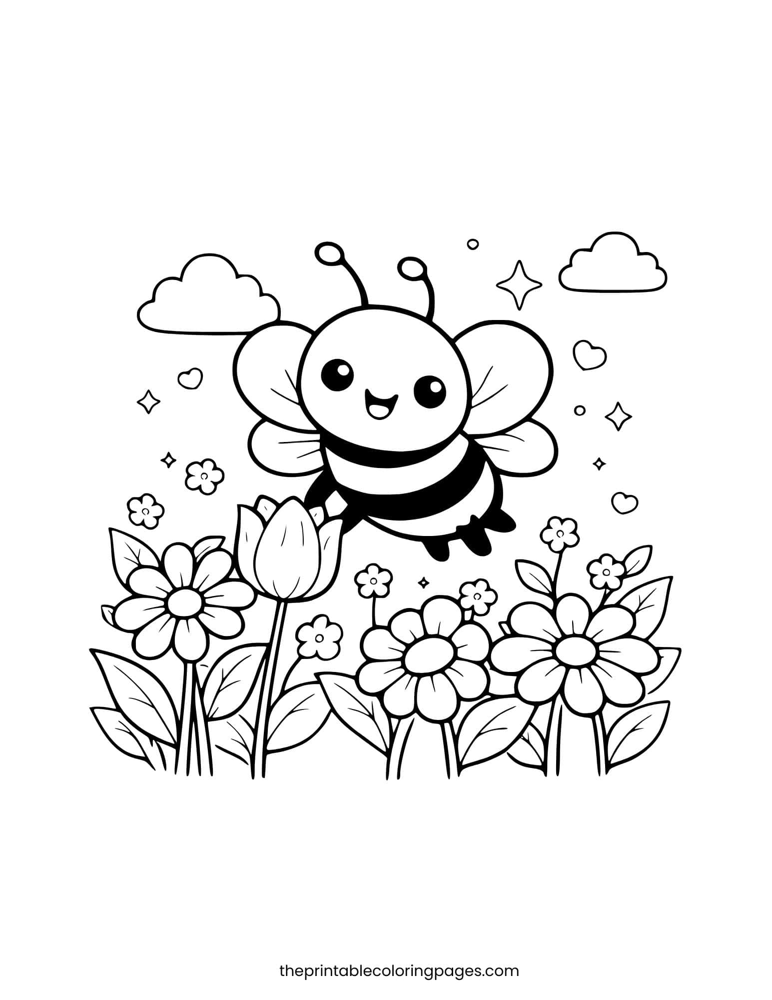 Simple bee flying above a row of spring flowers.