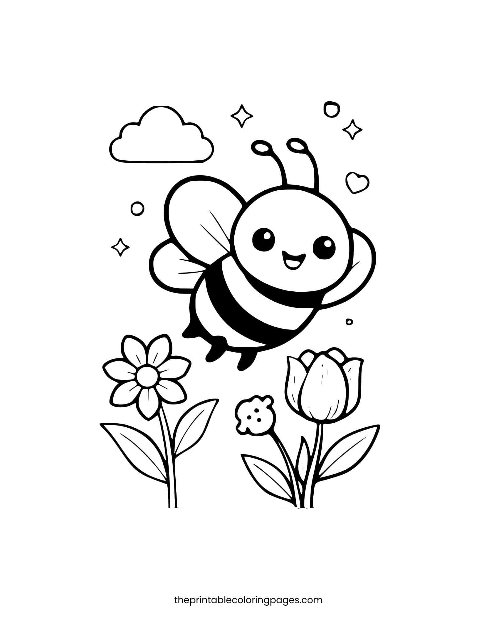 Simple bee flying over tulips and a cloud on a white background.