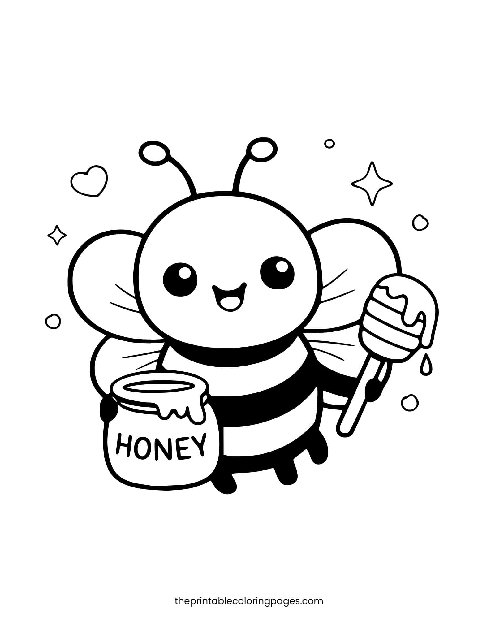 Preschool-friendly bee holding a honey pot and honey dipper.