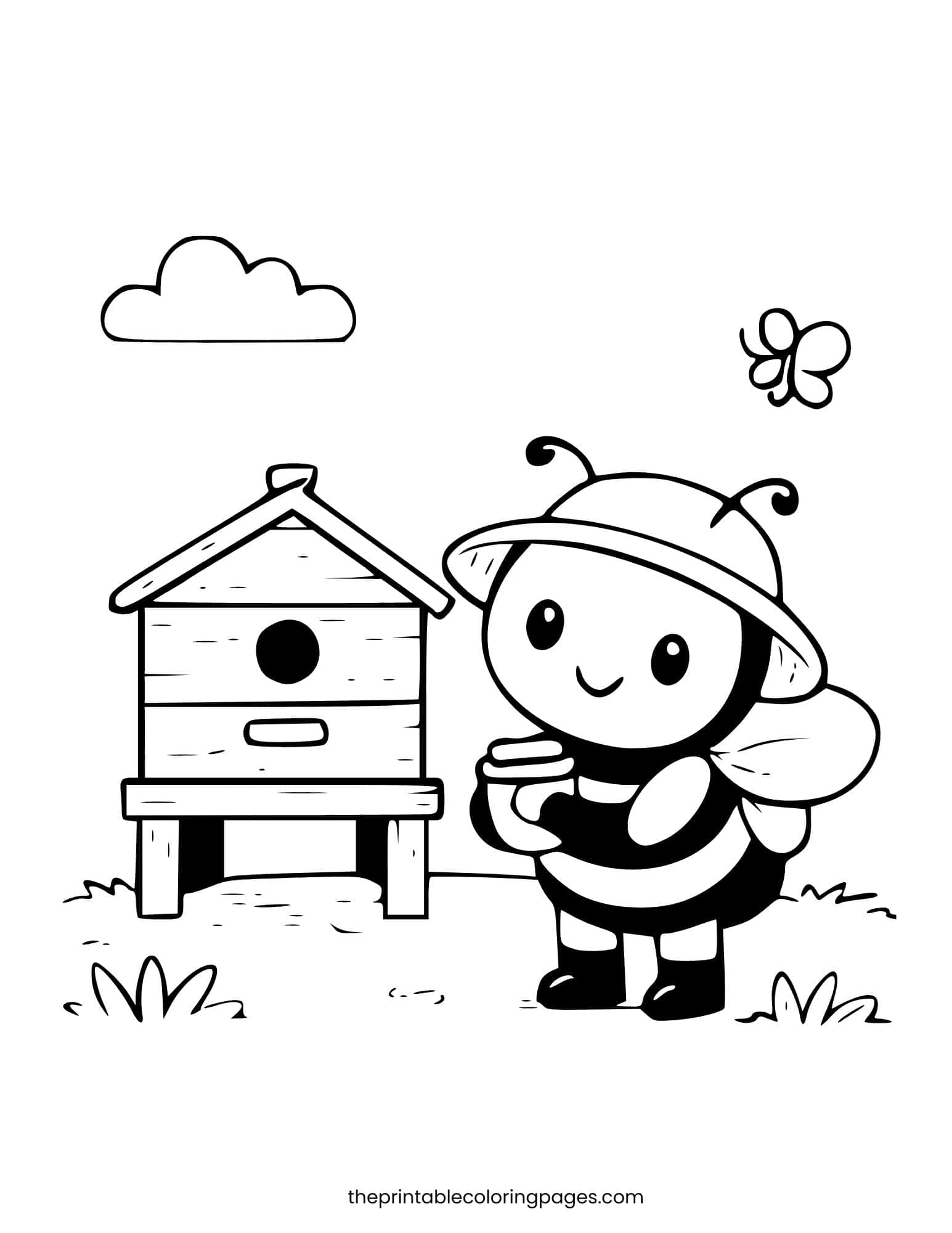 Cute bee wearing a hat standing next to a wooden beehive.